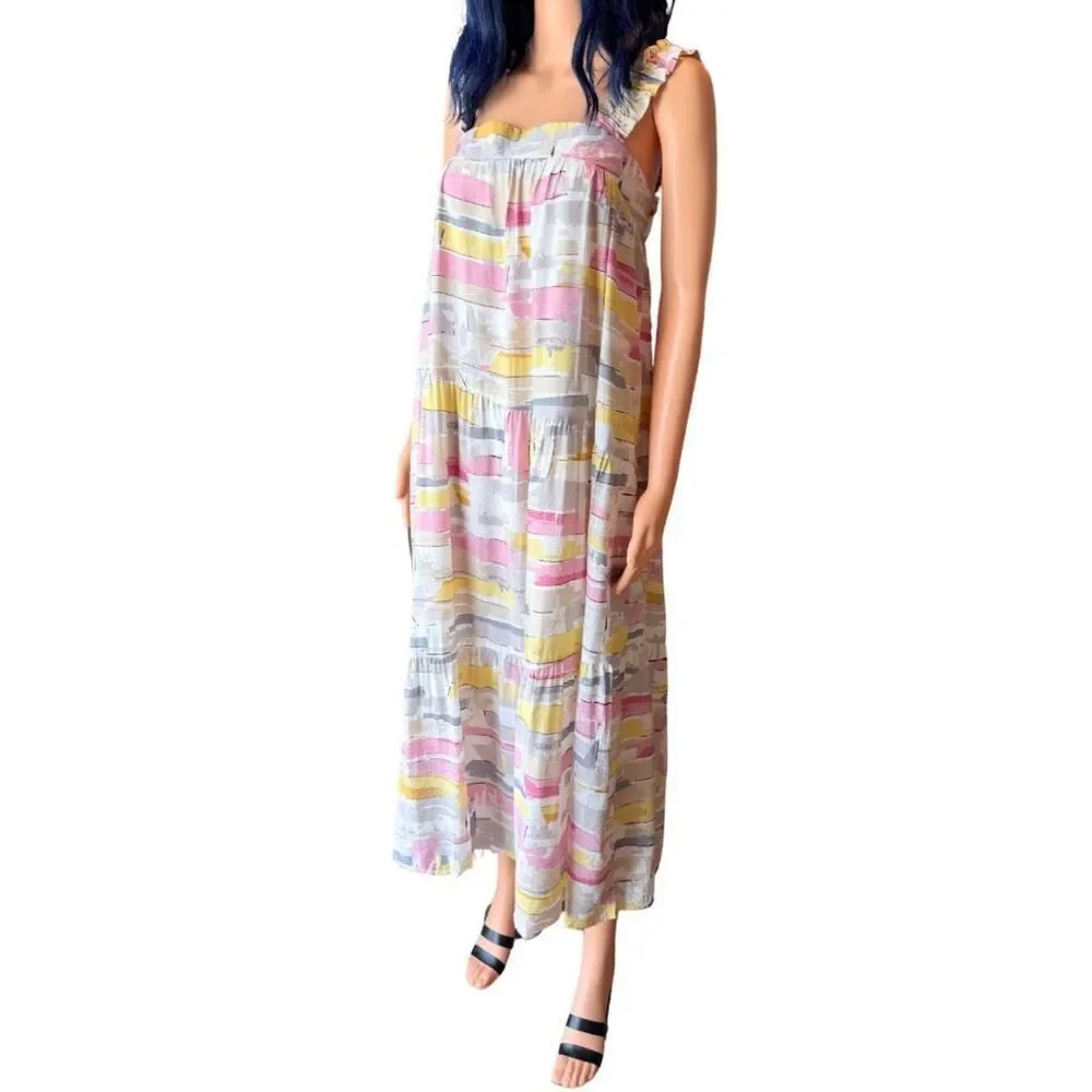 Moon River Abstract Tiered Maxi Dress Medium NWT Pink Yellow Boho Garden Party